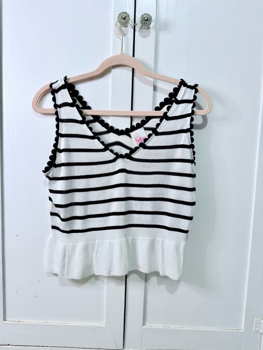 So Me Black & White Striped Scallop-Trim Tank